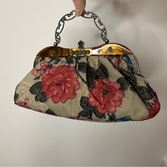 Vintage Floral Beaded Frame Purse Clutch Pink Green Brown - Picture 2 of 10